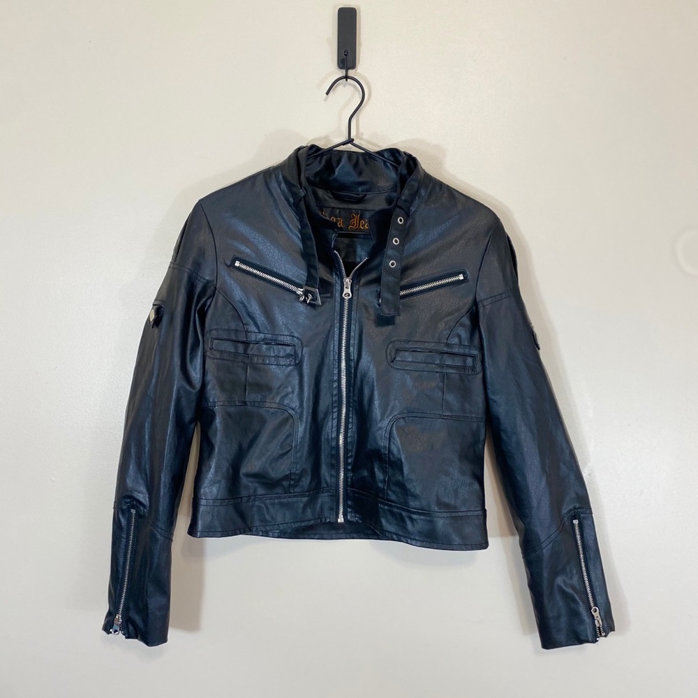 Vega Jeans Black Faux Leather Moto Jacket | Zip Up | Size L (Fits M)